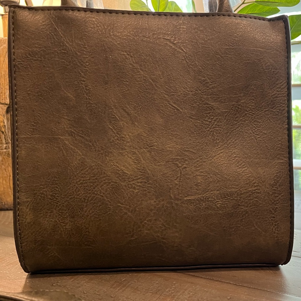 Dark Olive Green Embossed Hand-Tooled Floral Pattern Handbag
w/ Shoulder Strap - Picture 6 of 8